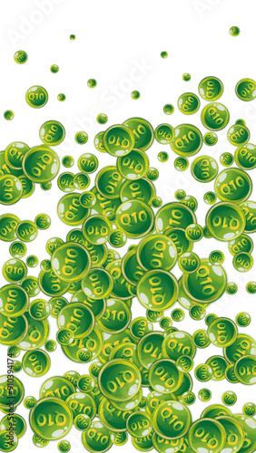 Vitamin Q10 round capsules scattered randomly.