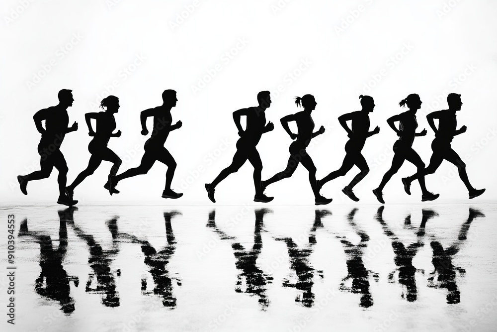 silhouette of a group of runners running together, white background, isolated, race pack, race group silhouette of a group of runners running together, white background, isolated, race pack, race group