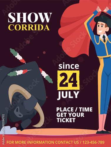 corrida poster. placard invitation on corrida show bullfight on coliseum arena