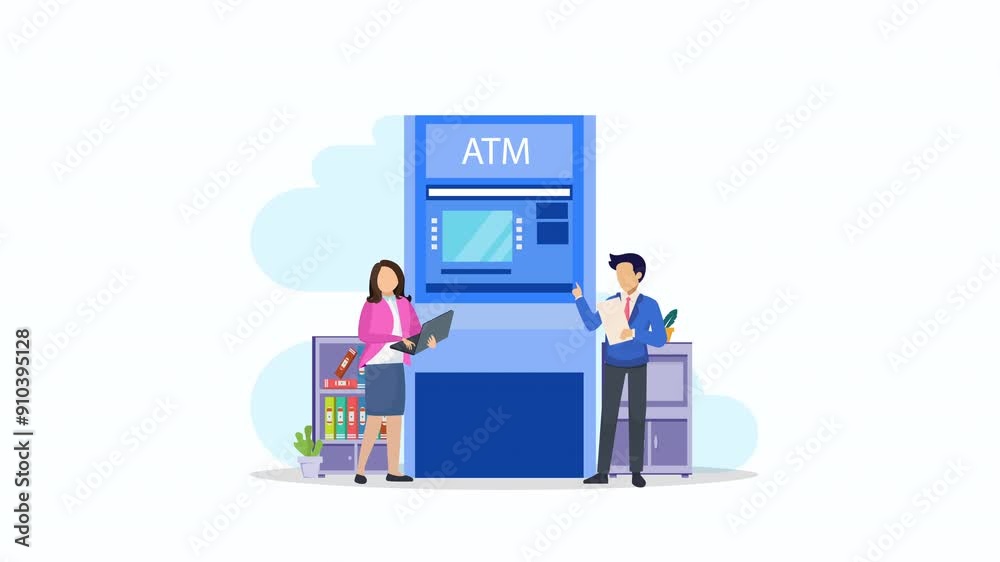 automatic withdrawal, atm machine, finance 2d video animation 4k clip