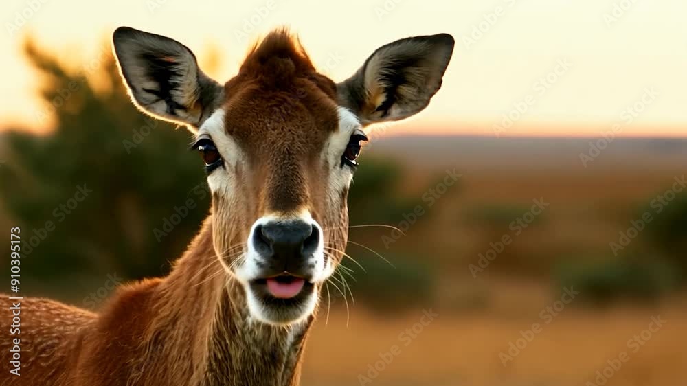 A deer stands calmly, its ears perked, under a warm sunset in a tranquil natural setting A deer stands calmly, its ears perked, under a warm sunset in a tranquil natural setting