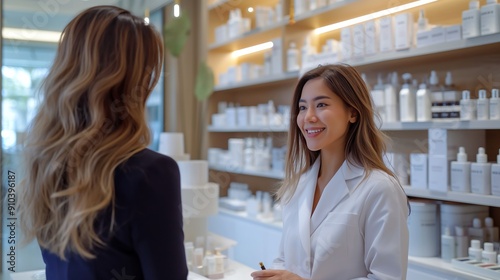 Brunette woman in lab coat smiling at another woman with long brown hair.