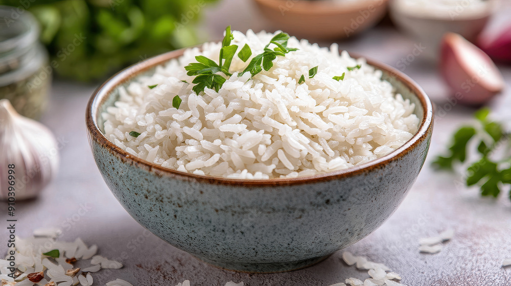 A bowl of perfectly cooked white rice garnished with fresh parsley, emphasizing its fluffy texture and appealing presentation, set in a rustic kitchen setting. A bowl of perfectly cooked white rice garnished with fresh parsley, emphasizing its fluffy texture and appealing presentation, set in a rustic kitchen setting.