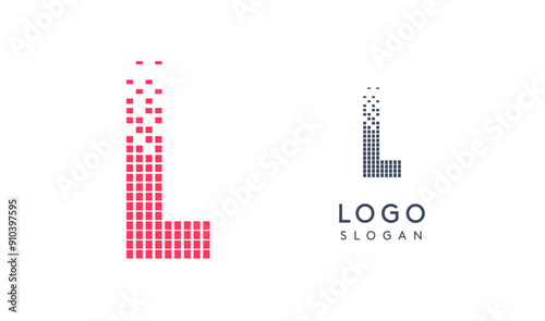 Pixelated Letter L transitioning into scattered pixels with gradient colors creating modern, digital effect like equalizer. Abstract logo for tech software and digital media. Vector illustration.