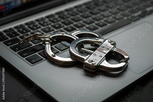 Cybercrime and Digital Security: Handcuffs on Laptop Keyboard Representing Online Crime and Cybersecurity Measures