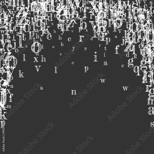 Flying latin letters. White chalk  scattered