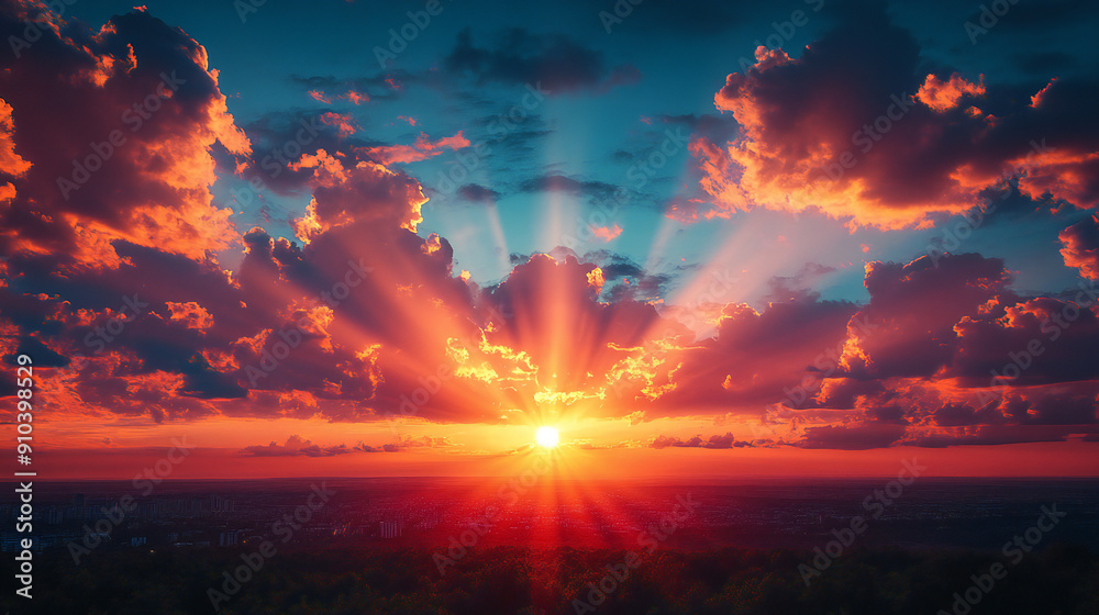 Fototapeta premium Beautiful bright dramatic sunset sky with fluffy clouds and rays. Sky background.