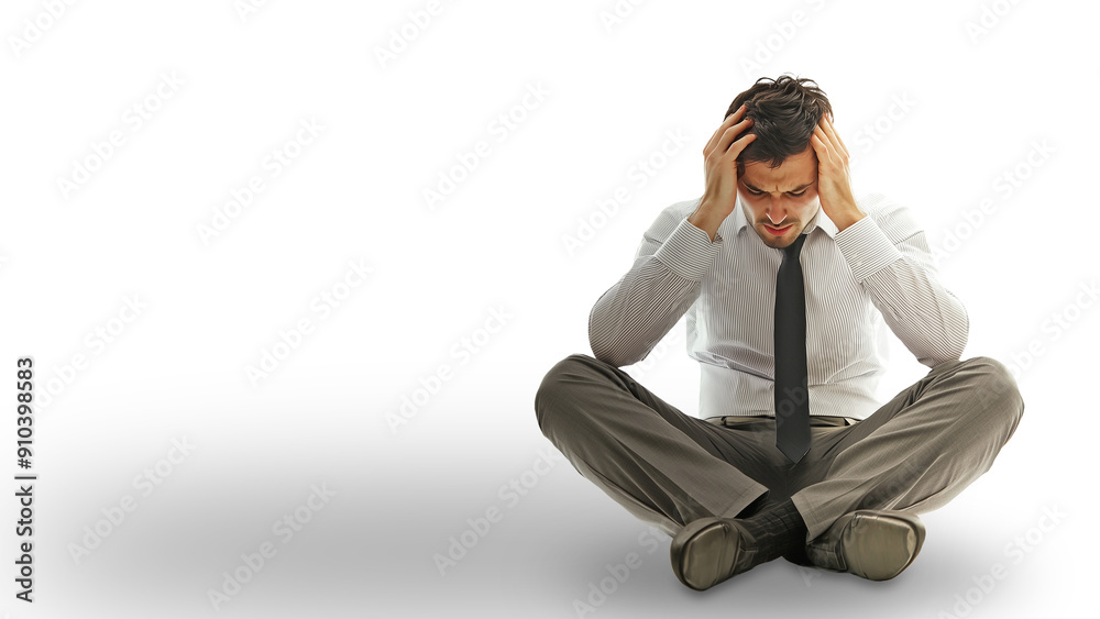 Downcast businessman sitting with head in hands, expression etched in ...
