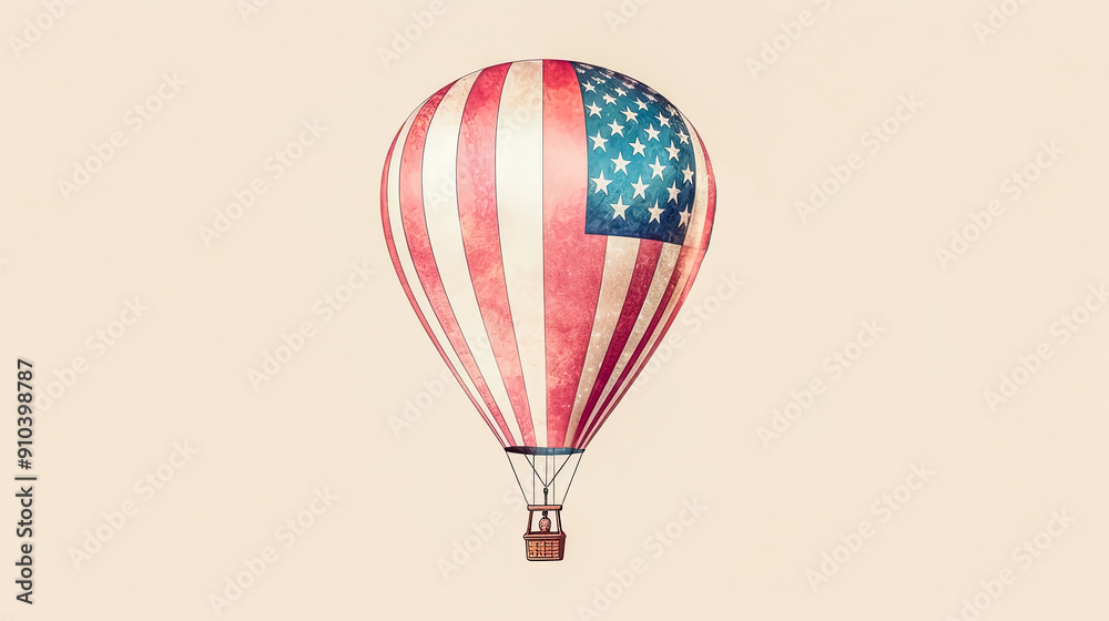 Obraz premium A watercolor painting of a hot air balloon with the American flag in the background.