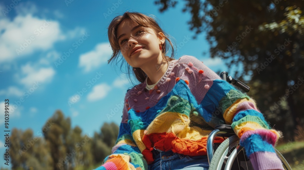 Happy disabled young girl in wheelchair wearing rainbow pride fashionable jumper cardigan outfit outdoors in nature. Candid young teenager with disability at LGBTQ. gay pride parade. Copy space Happy disabled young girl in wheelchair wearing rainbow pride fashionable jumper cardigan outfit outdoors in nature. Candid young teenager with disability at LGBTQ. gay pride parade. Copy space
