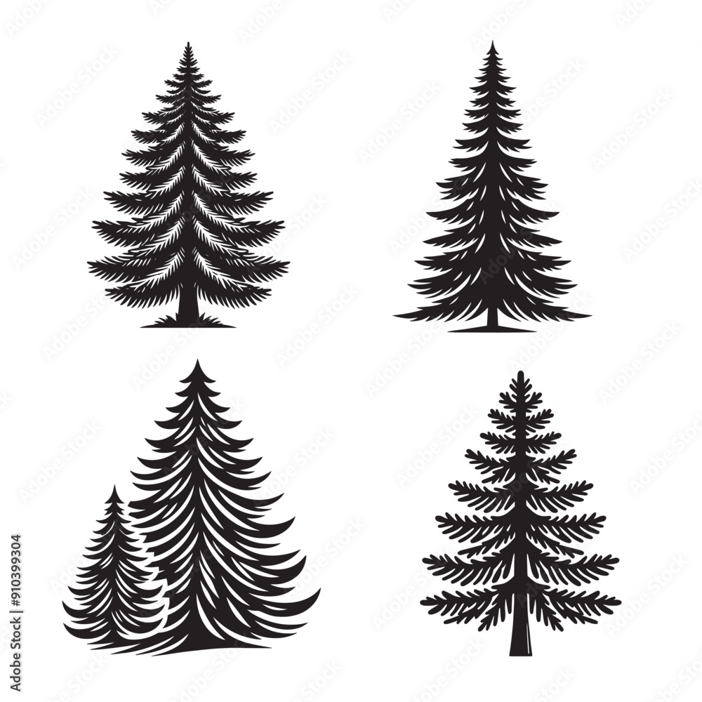 Vector Fir Tree Silhouette Set, Fir Standing Silhouette Set, Black and White Fir Tree Silhouettes Vector Fir Tree Silhouette Set, Fir Standing Silhouette Set, Black and White Fir Tree Silhouettes