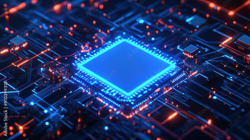 Illuminated central processor chip on a detailed, modern, dark circuit board, glowing with orange and blue lights indicating advanced technology. Illuminated central processor chip on a detailed, modern, dark circuit board, glowing with orange and blue lights indicating advanced technology.