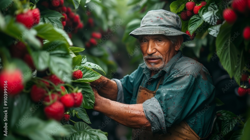 A worker carefully picks ripe red raspberries from lush green bushes. The emphasis on hands and berries emphasises freshness and natural farming methods. A worker carefully picks ripe red raspberries from lush green bushes. The emphasis on hands and berries emphasises freshness and natural farming methods.