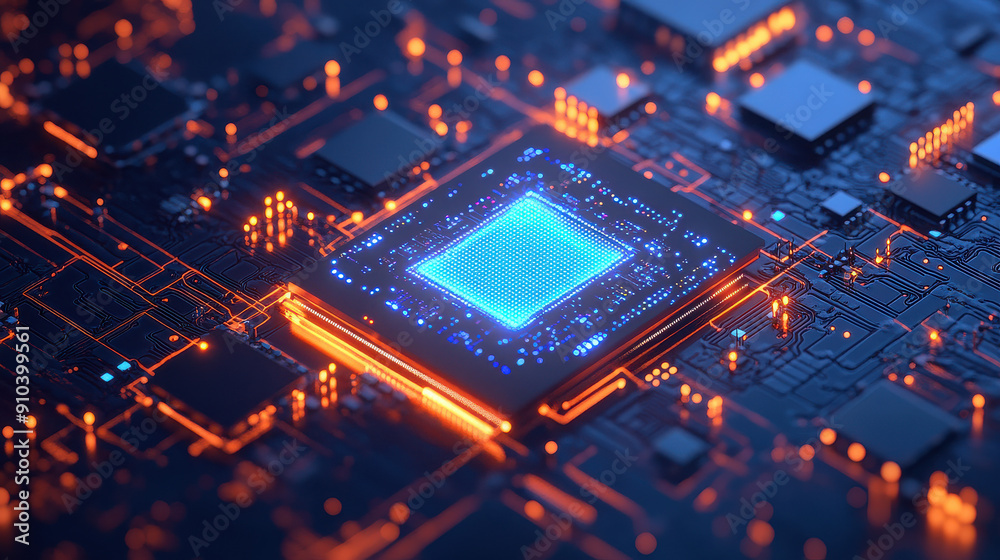 A detailed close-up of a glowing blue microchip on a futuristic, illuminated circuit board, depicting advanced technology and a sleek, modern design. A detailed close-up of a glowing blue microchip on a futuristic, illuminated circuit board, depicting advanced technology and a sleek, modern design.