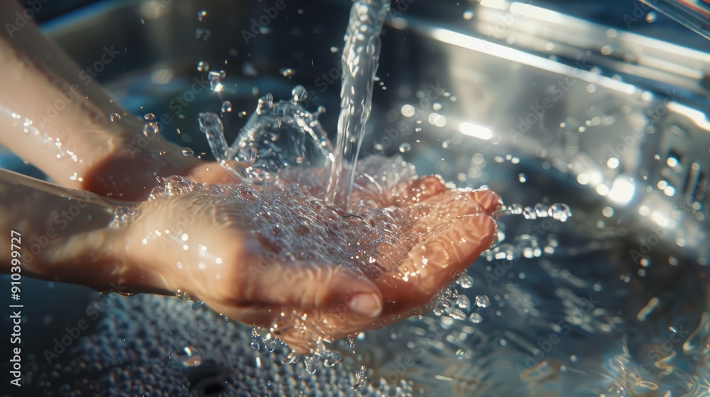 Fototapeta premium Hygienic Hand Washing Under Running Water at Home Kitchen Sink