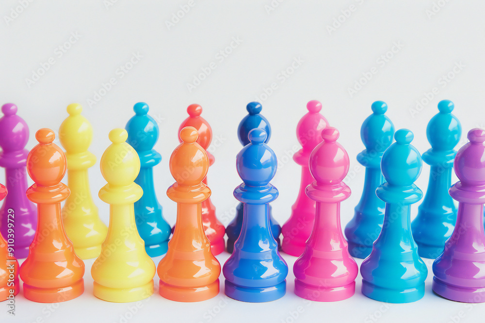 Colorful Chess Pieces in a Row - Vibrant Pawns for Strategic Gameplay and Creative Fun Colorful Chess Pieces in a Row - Vibrant Pawns for Strategic Gameplay and Creative Fun