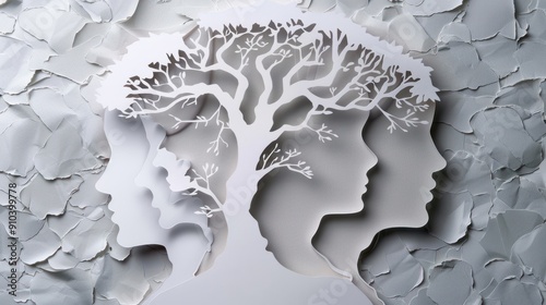 Illustrate a paper cut of a family tree with each branch made of paper representing generations of knowledge photo