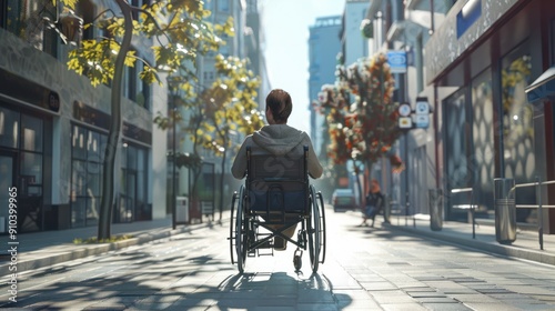 Wallpaper Mural Individual navigating a city street in a modern wheelchair, embracing urban independence. Torontodigital.ca