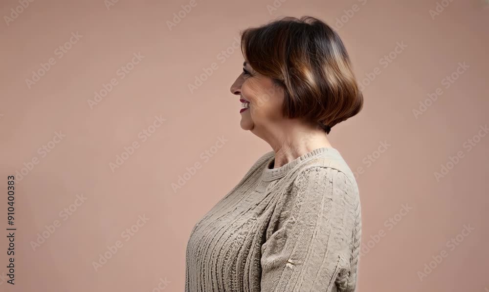 Portrait of a happy senior woman smiling at the camera on a beige background