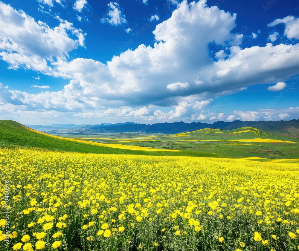 endless yellow wildflowers cover the green grass on Mount Lushan, with a blue sky and white clouds in the distance endless yellow wildflowers cover the green grass on Mount Lushan, with a blue sky and white clouds in the distance