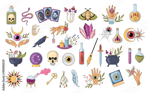 Witchcraft. Fortune telling divination mysticism occultism and alchemy concept pictures collection recent vector template