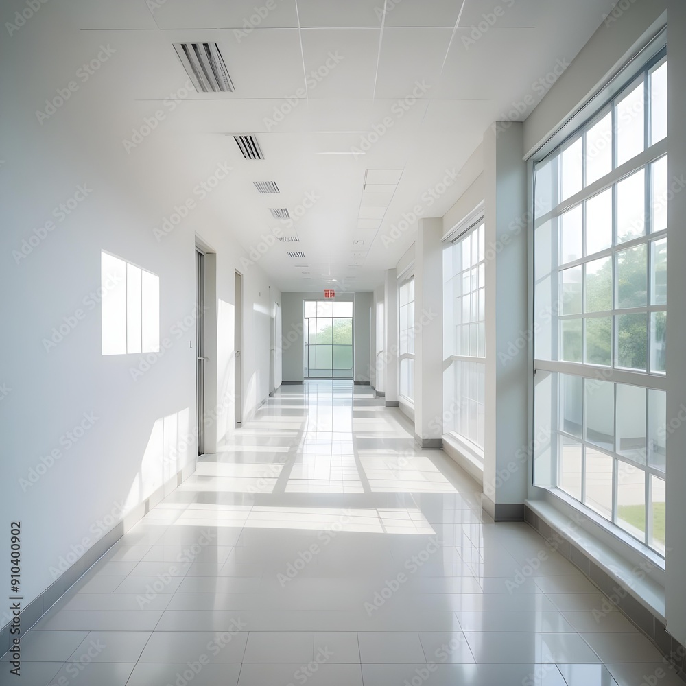 Bright modern hospital corridor featuring polished white tiles, large glass windows allowing sunlight to stream in Bright modern hospital corridor featuring polished white tiles, large glass windows allowing sunlight to stream in