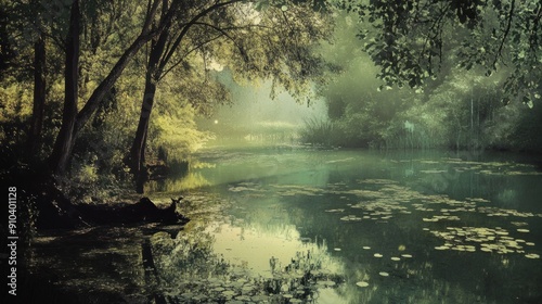 Misty Lake in a Tranquil Forest