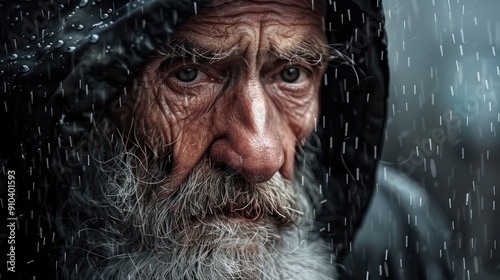 Old homeless bearded man in the rain, sad and emotional look, close-up portrait of poor elderly person