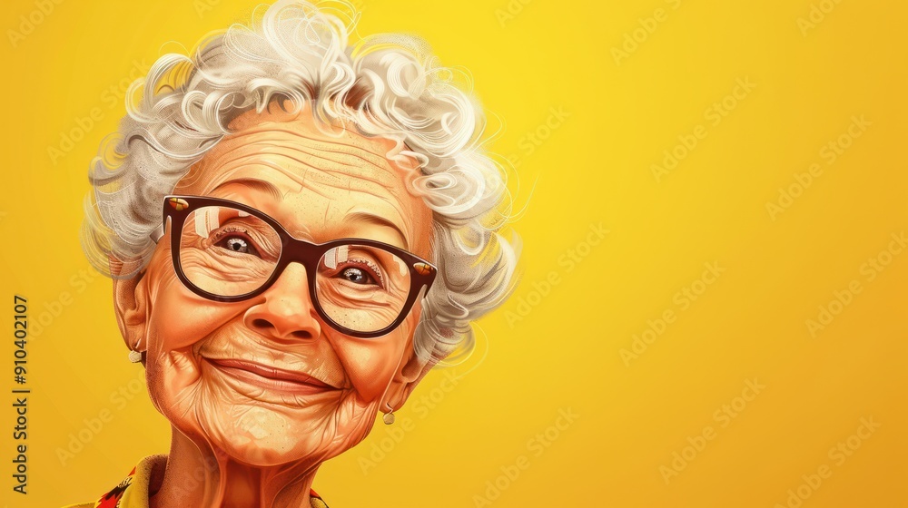portrait of a cheerful smiling elderly grandmother in glasses on a yellow background