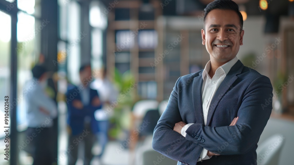 portrait of a handsome smiling asian indian businessman boss in a suit standing in his modern business company office. his workers standing in the blurry background. Generative AI portrait of a handsome smiling asian indian businessman boss in a suit standing in his modern business company office. his workers standing in the blurry background. Generative AI