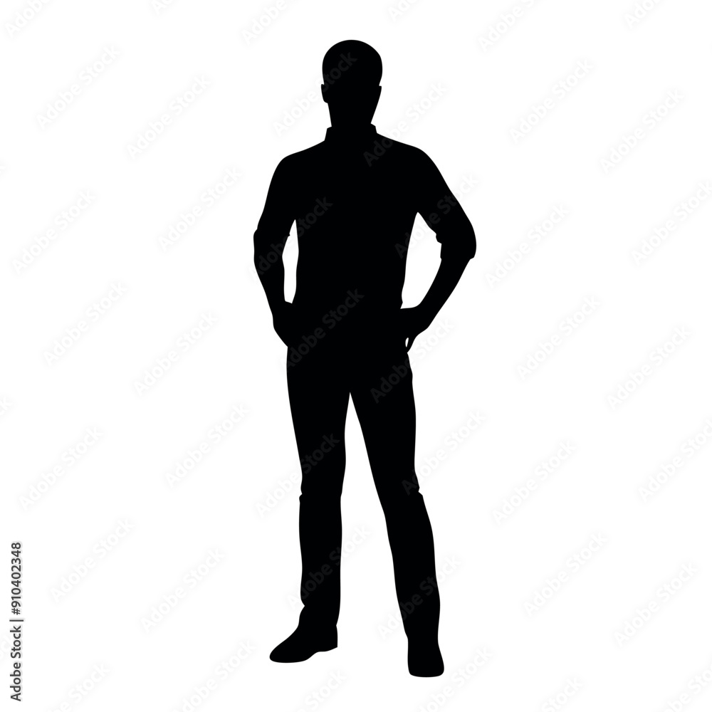 vector silhouette of a man dressed in a shirt and jeans standing with hands on hips, side view vector silhouette of a man dressed in a shirt and jeans standing with hands on hips, side view