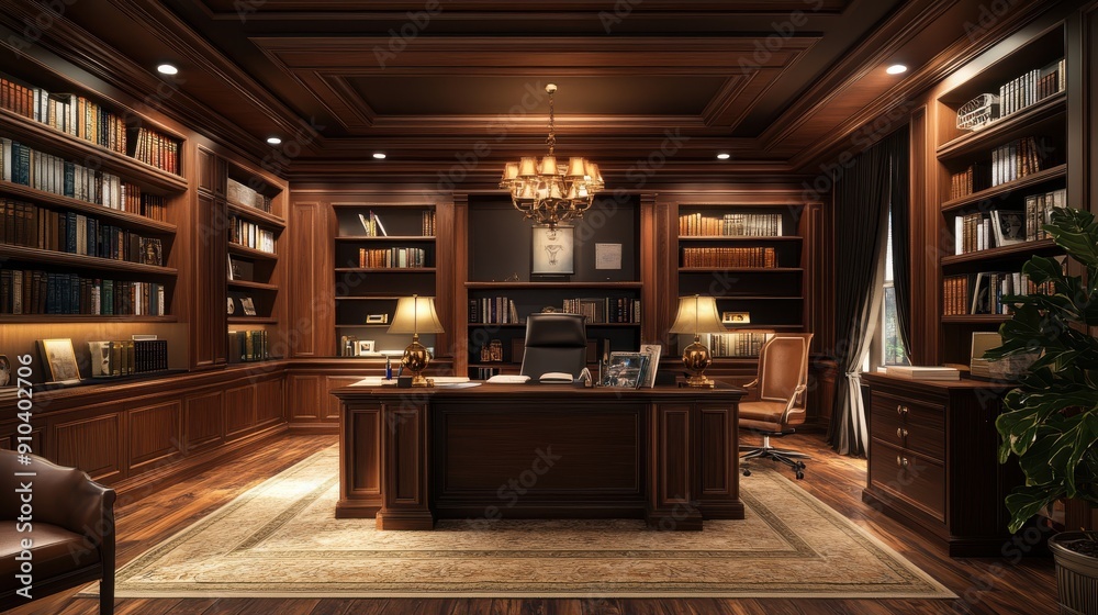 A home office with a large desk, bookshelves, and personal touches. A home office with a large desk, bookshelves, and personal touches.