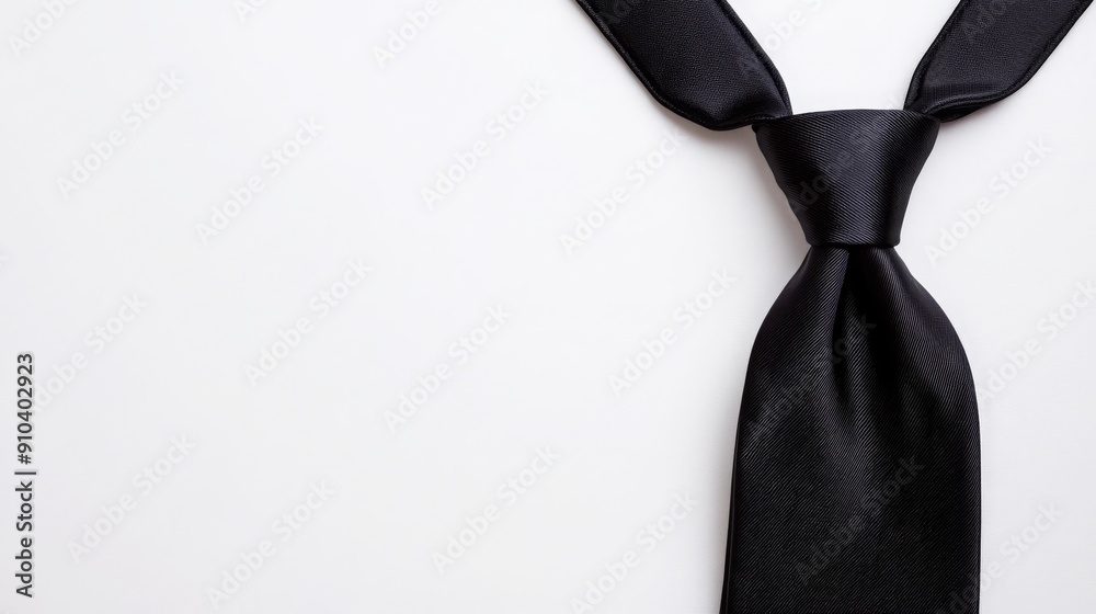 black necktie on white background with copy space for text, 16:9 black necktie on white background with copy space for text, 16:9