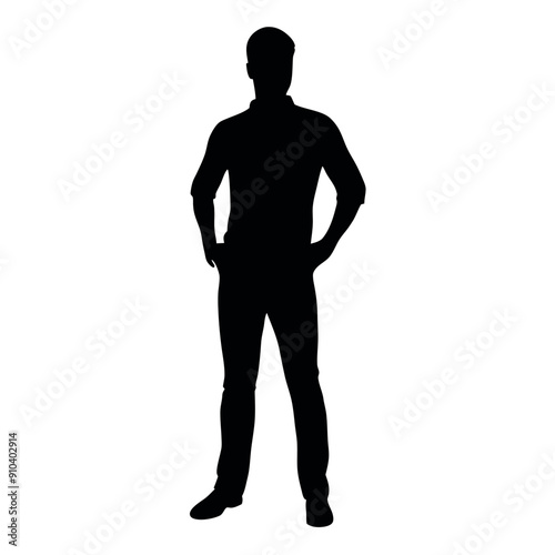 vector silhouette of a man dressed in a shirt and jeans standing with hands on hips, side view
