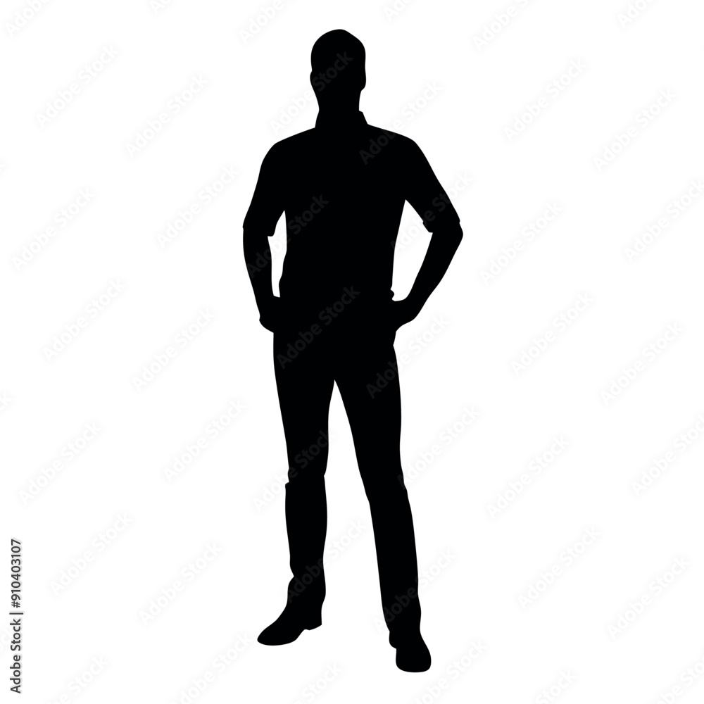 vector silhouette of a man dressed in a shirt and jeans standing with hands on hips, side view vector silhouette of a man dressed in a shirt and jeans standing with hands on hips, side view