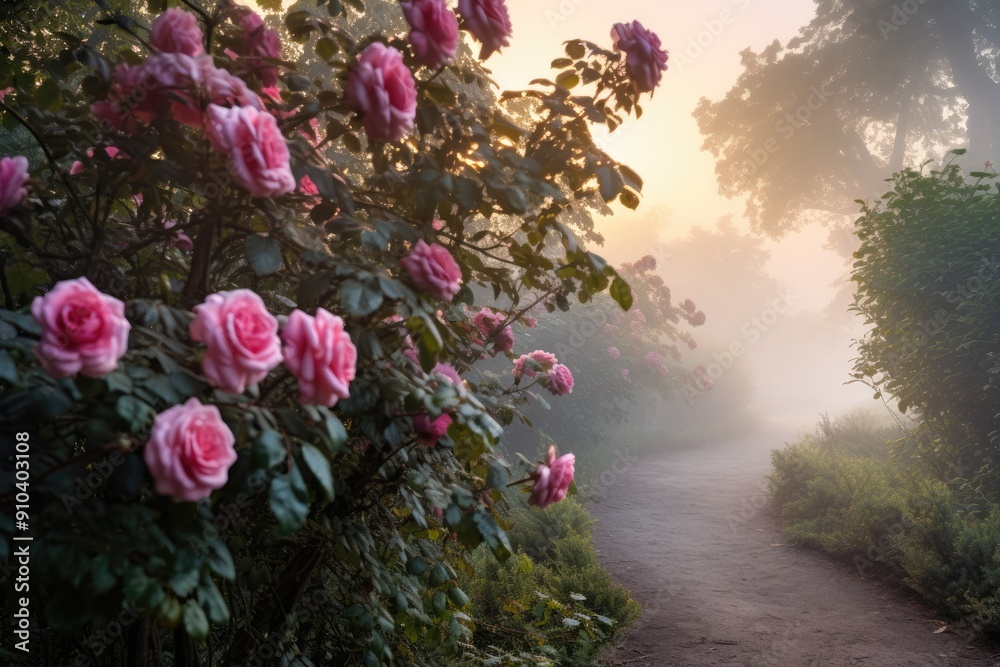 A winding path lined with blooming pink roses and lush greenery in a misty morning A winding path lined with blooming pink roses and lush greenery in a misty morning