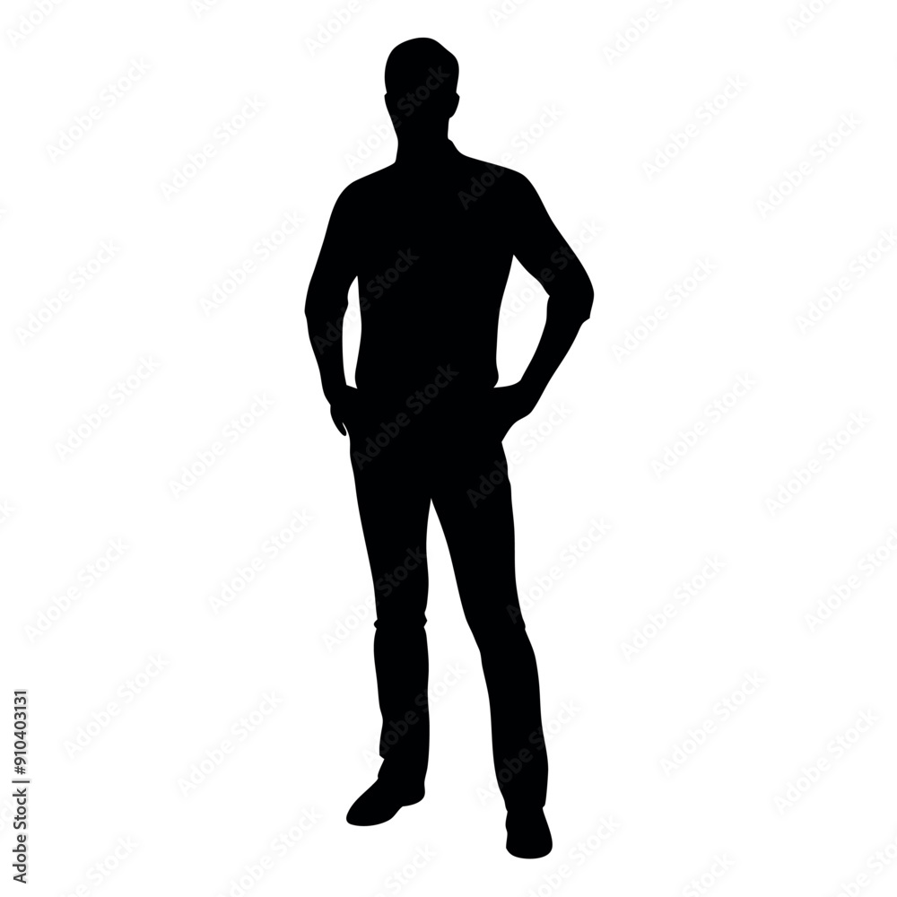 vector silhouette of a man dressed in a shirt and jeans standing with hands on hips, side view vector silhouette of a man dressed in a shirt and jeans standing with hands on hips, side view