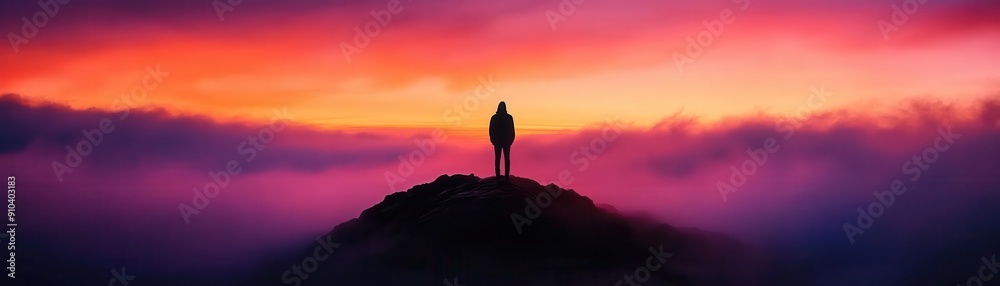 A solitary figure stands atop a hill, silhouetted against a vibrant sunset and colorful clouds, evoking a sense of peace and reflection. A solitary figure stands atop a hill, silhouetted against a vibrant sunset and colorful clouds, evoking a sense of peace and reflection.