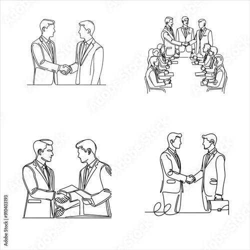 continuous single line drawing of businessmen shaking hands, business handshake line art vector illustration
