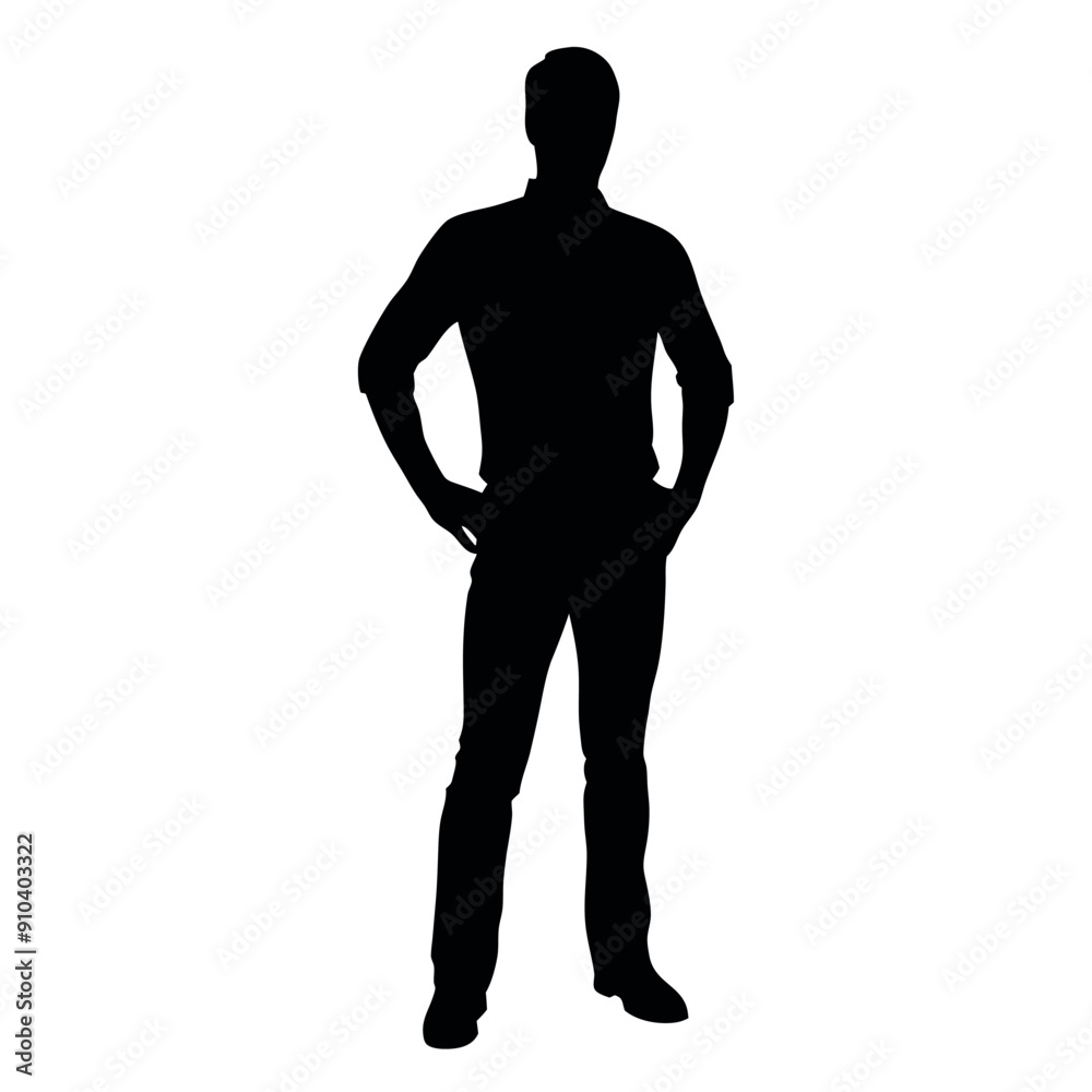 vector silhouette of a man dressed in a shirt and jeans standing with hands on hips, side view vector silhouette of a man dressed in a shirt and jeans standing with hands on hips, side view