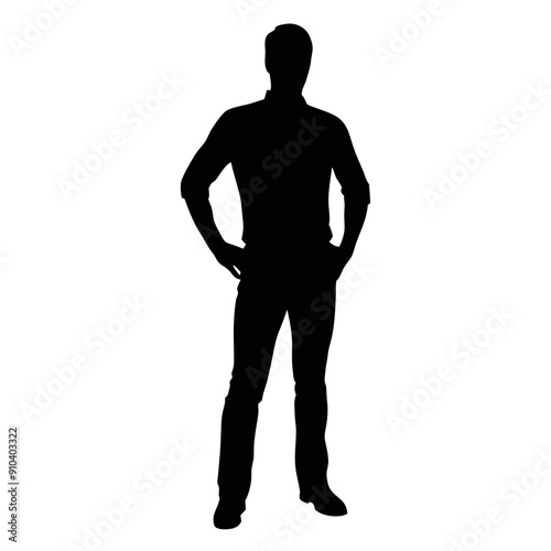vector silhouette of a man dressed in a shirt and jeans standing with hands on hips, side view