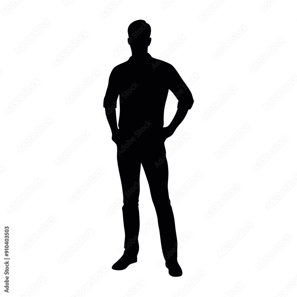 vector silhouette of a man dressed in a shirt and jeans standing with hands on hips, side view vector silhouette of a man dressed in a shirt and jeans standing with hands on hips, side view