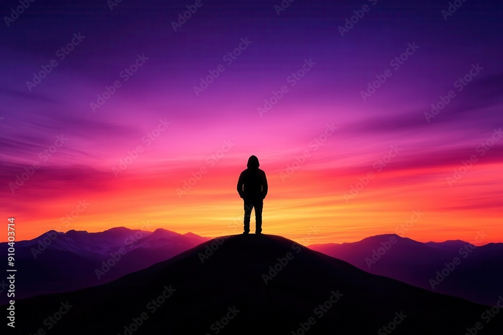 Silhouette of a person standing on a mountain peak against a vibrant sunset backdrop, showcasing nature's beauty and tranquility. Silhouette of a person standing on a mountain peak against a vibrant sunset backdrop, showcasing nature's beauty and tranquility.