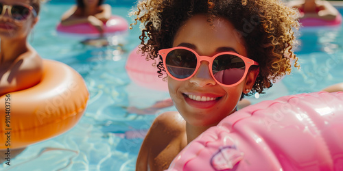 Happy joyful young friends having fun in swimming pool with colorful floating toys. Young adults enjoying summer vacation in tropical resort. Beach and water toys.