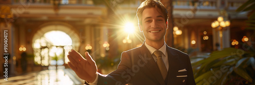 A hotel manager in professional attire, standing in an upscale interior, representing the hospitality and customer service industry.