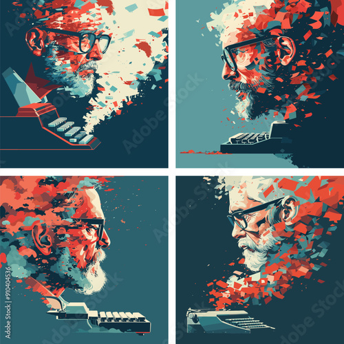 Inventive writer typewriter animation vector concepts. Bearded book figure glasses scholarly depiction blank narrator creator journalist literature character, isolated illustrations