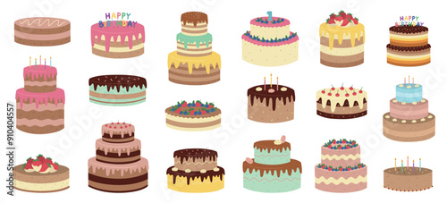 A big set of cakes. A collection of hand-drawn desserts. Vector illustration