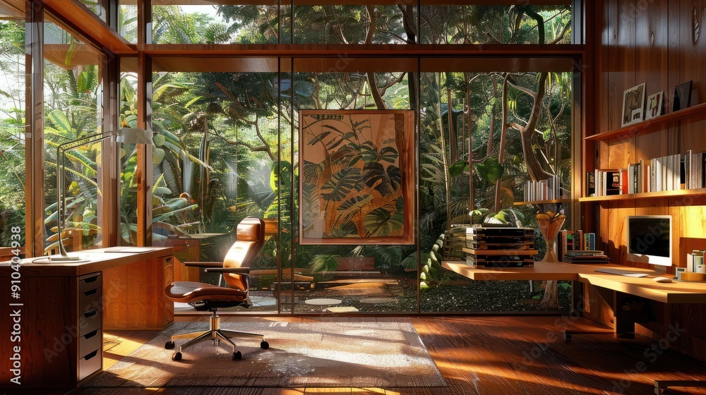 Fototapeta premium Um escritÃ³rio caseiro sereno e produtivo com vista para a natureza e integrando bemestar fÃ­sico e profissional