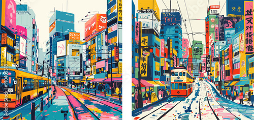 Japan metropolitan cityscape cartoon vector ideas. City streetcar signs neon illuminated signage high rises avenues structures skyline lively skyscraper center contemporary vibrant drawings