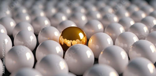 White round spheres on a white background with one golden sphere in the middle. The concept of leading or standing out from the crowd